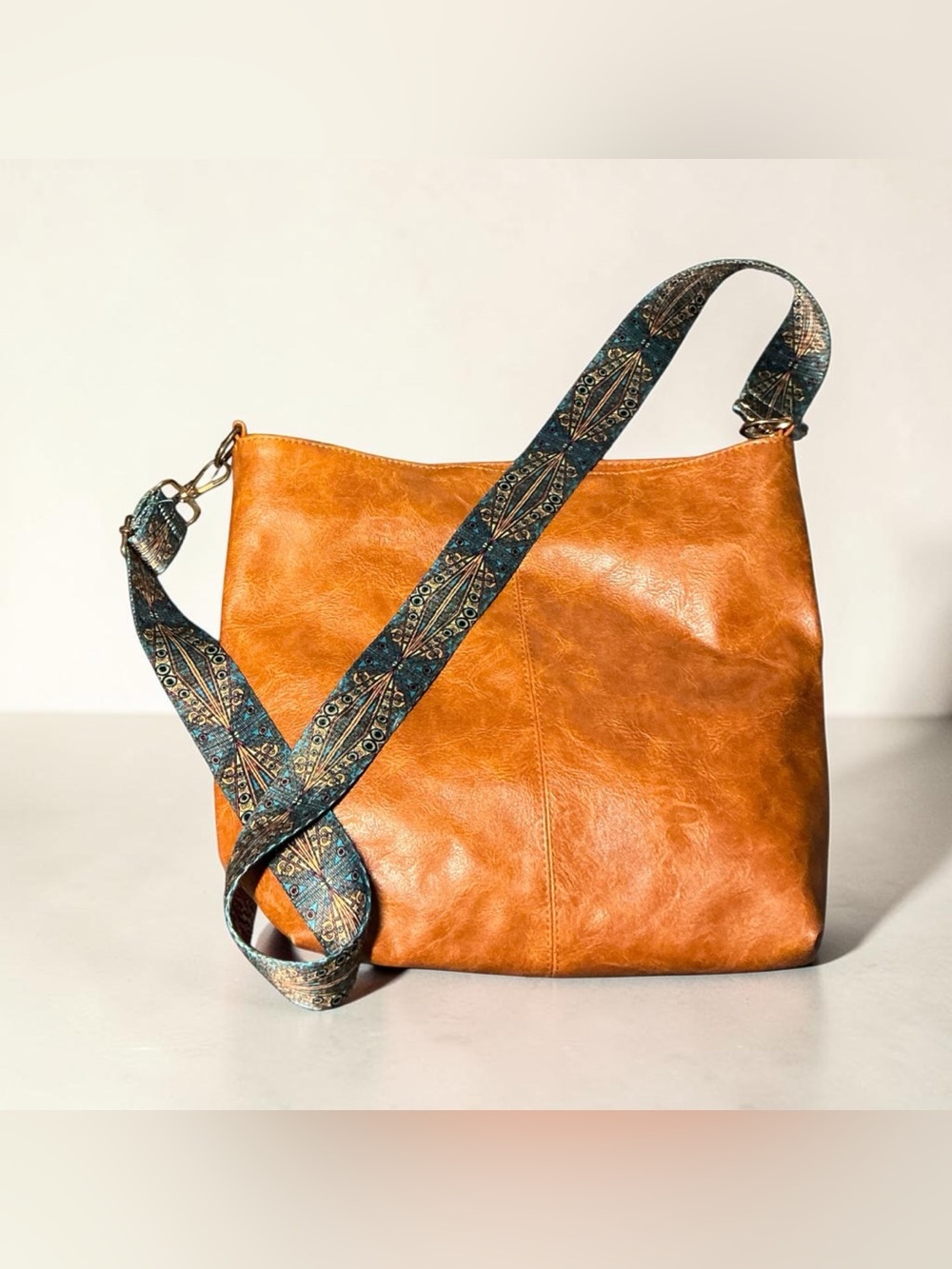 Boho Faux Leather Crossbody Shoulder Bag Adjustable Strap Camel Brown
